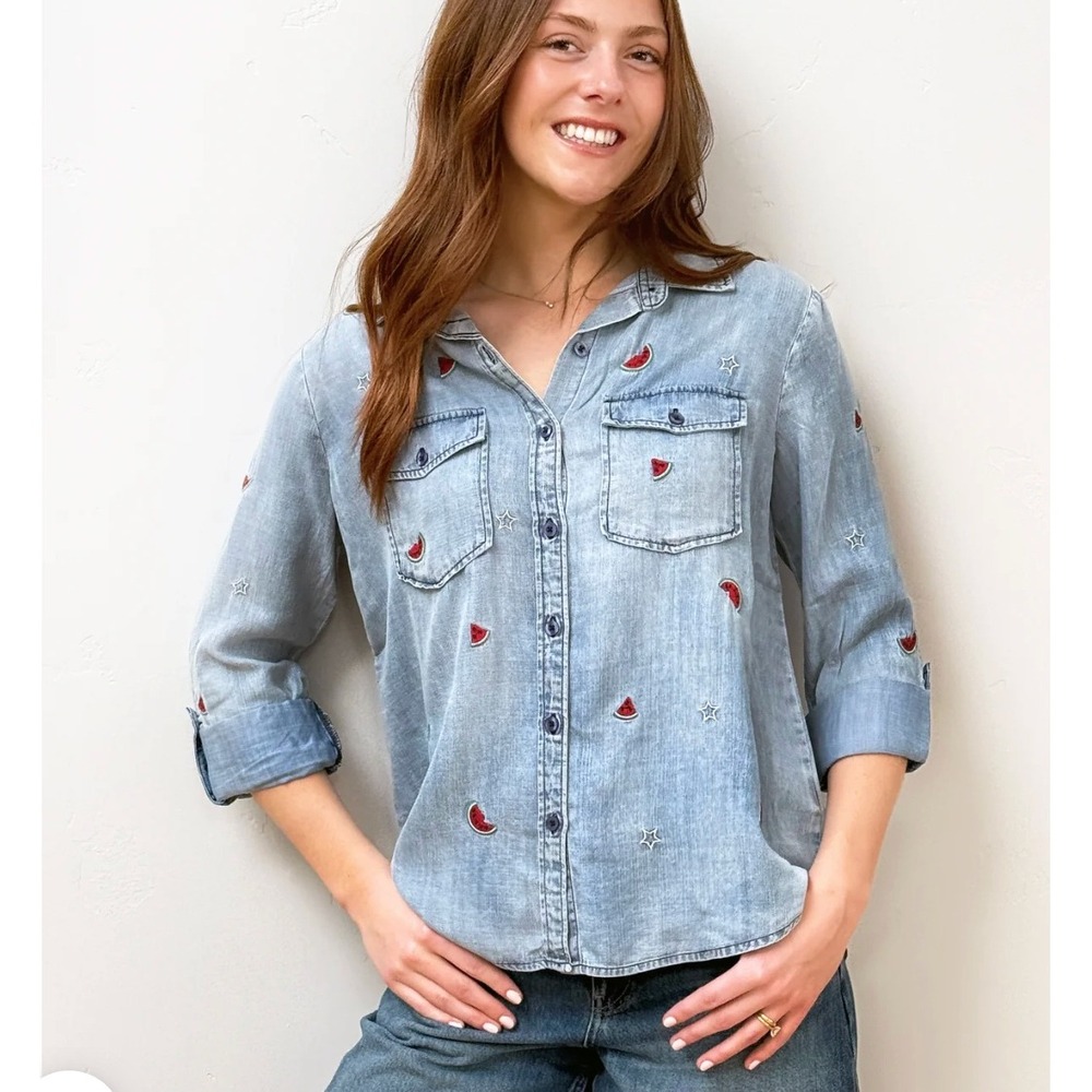 Billy T Sketchbook Denim Embroidered Shirt Blouse Watermelon Star